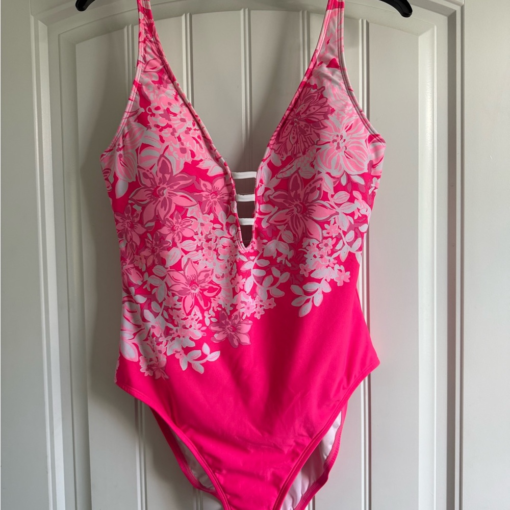 Lilly Pulitzer Pink and White One Piece Swimsuit with Lace